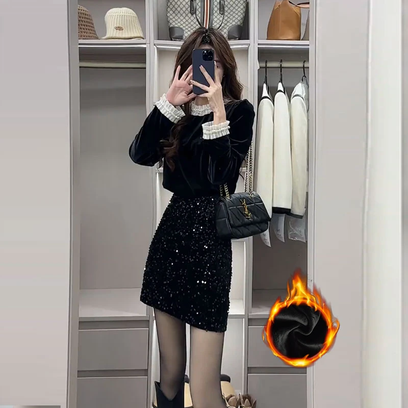 时尚气质亮片A字裙女半身裙新款亮闪梨型春秋黑色高腰显瘦包臀裙