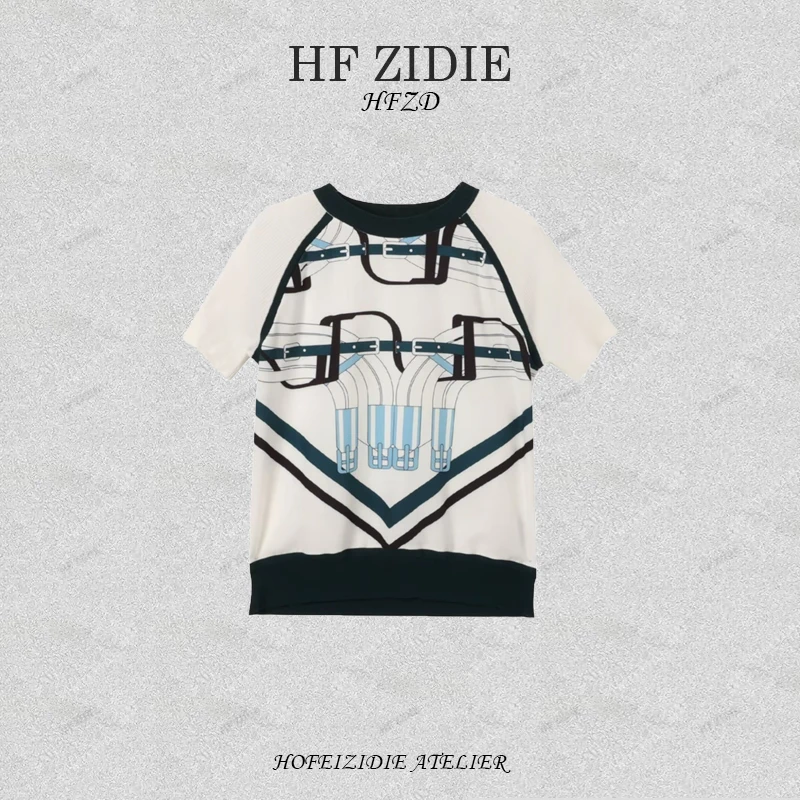 「HF-ZIDIE」25年经典新款马蹄印花短袖针织布料拼接QW103