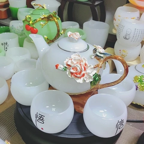 羊脂玉瓷琉璃中式珐琅彩花开富贵一壶六杯礼盒套装