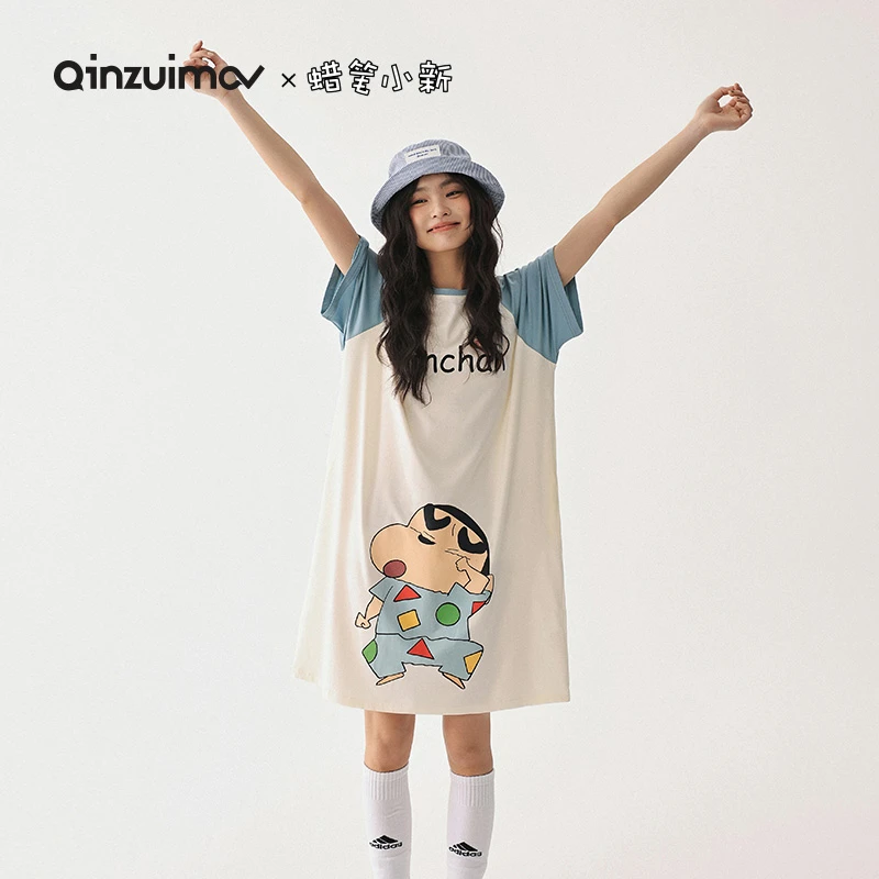 亲嘴猫【蜡笔小新】夏季女士睡裙睡衣卡通圆领莫代尔短袖家居服外穿