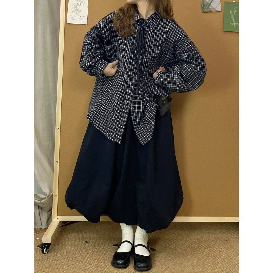 日系甜美学院格子翻领衬衫