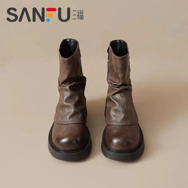 三福真皮美拉德复古堆堆短靴女2025秋冬季新款靴子裤管骑士马丁靴
