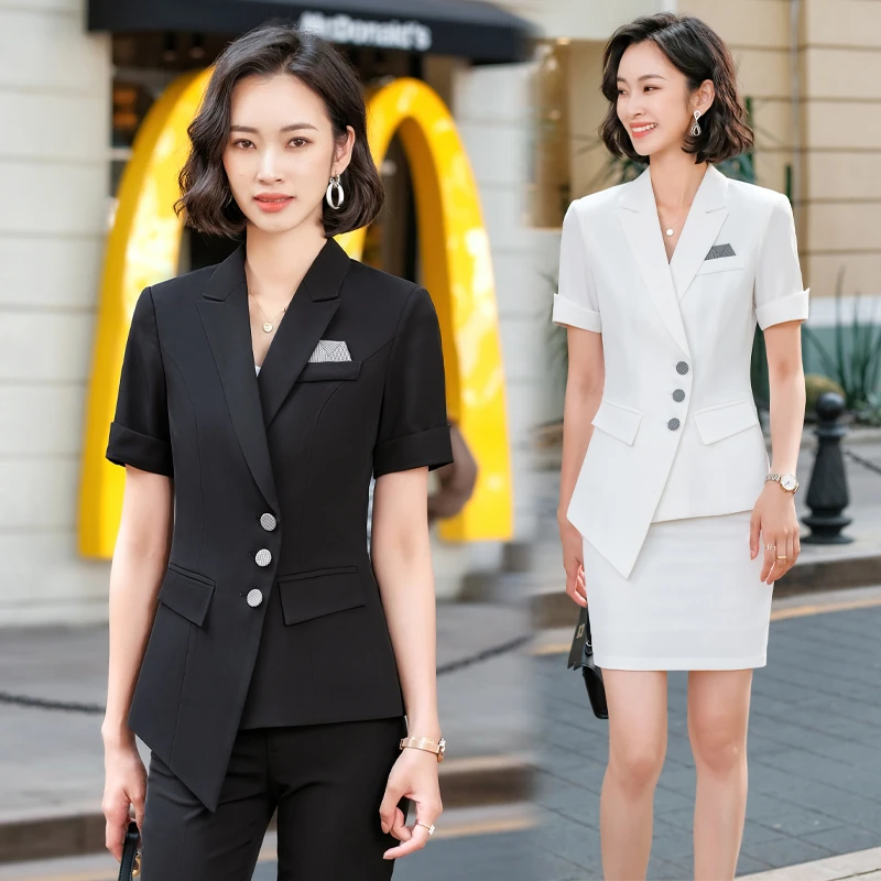 黑色职业西装套装女夏季薄款时尚OL修身收腰西服外套工作服两件套