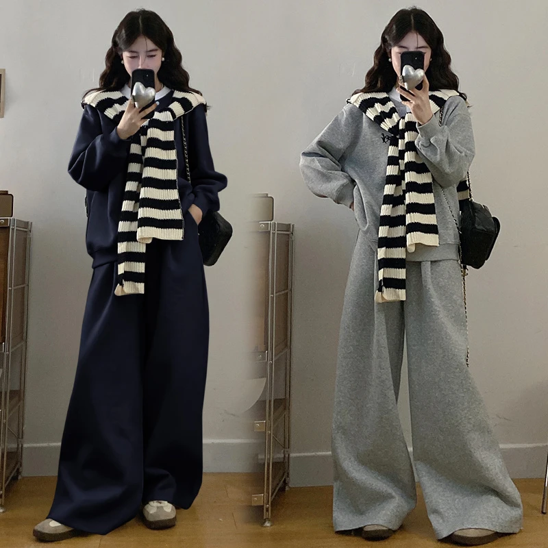 大码胖mm秋冬新款韩系通勤百搭高级感休闲运动灰色卫衣两件套装女