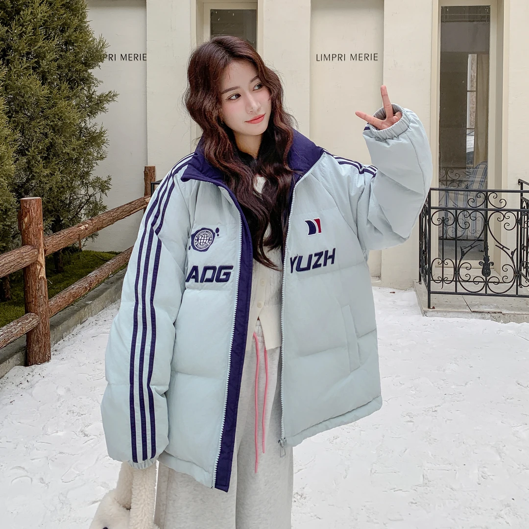 韩系立领蓝色白鹅绒羽绒服女冬短款2025新款连帽冬季拼接面包服