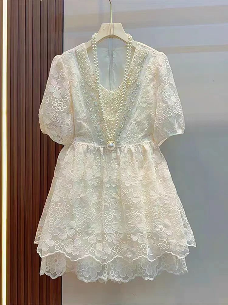 新款钉珠蕾丝大衫松紧腰短裤大码女装胖妹妹设计感气质宽松两件套