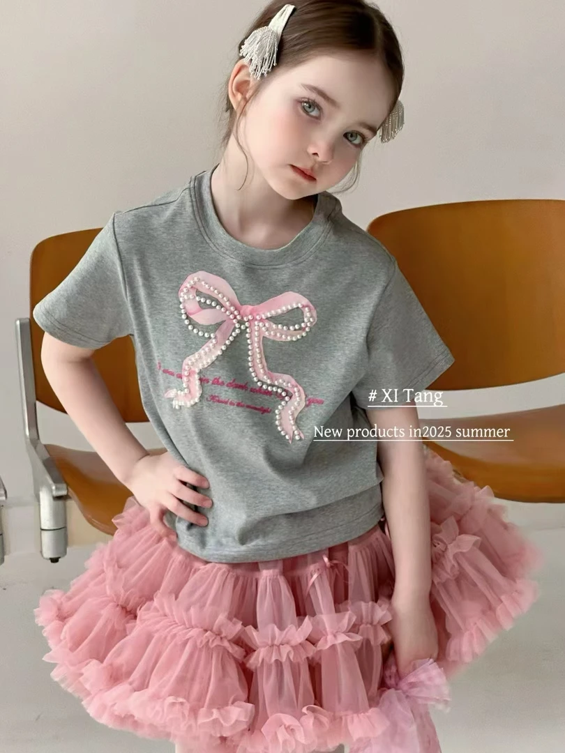 女休闲甜美风夏季纯色蝴蝶结套装女孩珠片