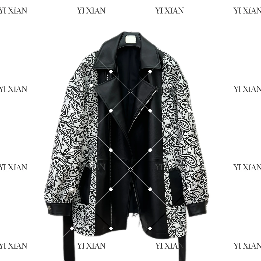 [YIXIAN-]高奢收腰时尚黑白花纹女装中长外套B25107
