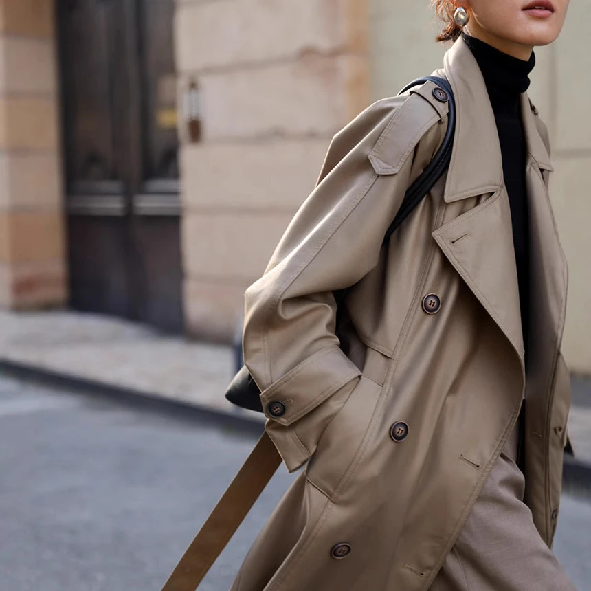 现货秋冬斜纹立体廓形翻领中长款英伦风风衣秋季春秋外套女