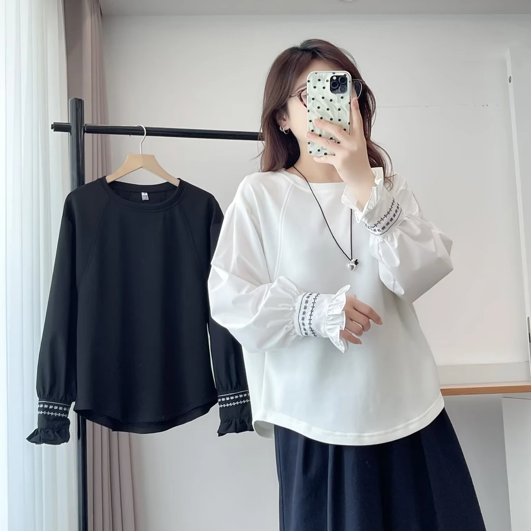 女装小众长袖T恤白色宽松常规ins拼接纯色灯笼袖镂空套头韩版圆领