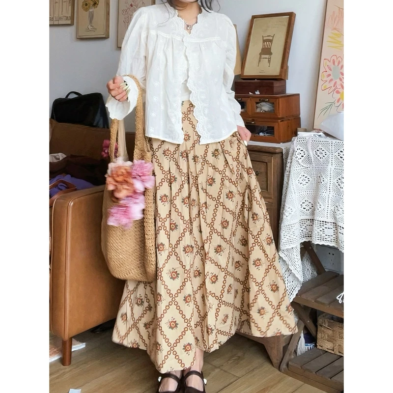 自留温柔复古森系女孩春夏碎花洋气半身裙高腰显瘦印花长裙伞裙