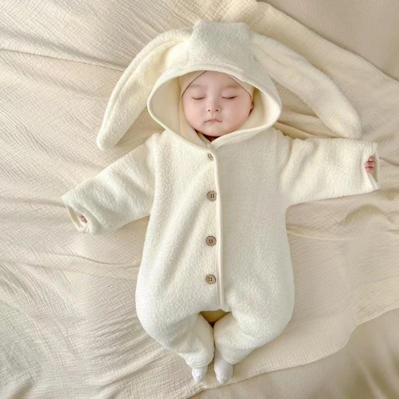 春秋款暖绒团子哈衣加绒保暖婴儿幼儿长兔耳连体衣男女宝简约爬服