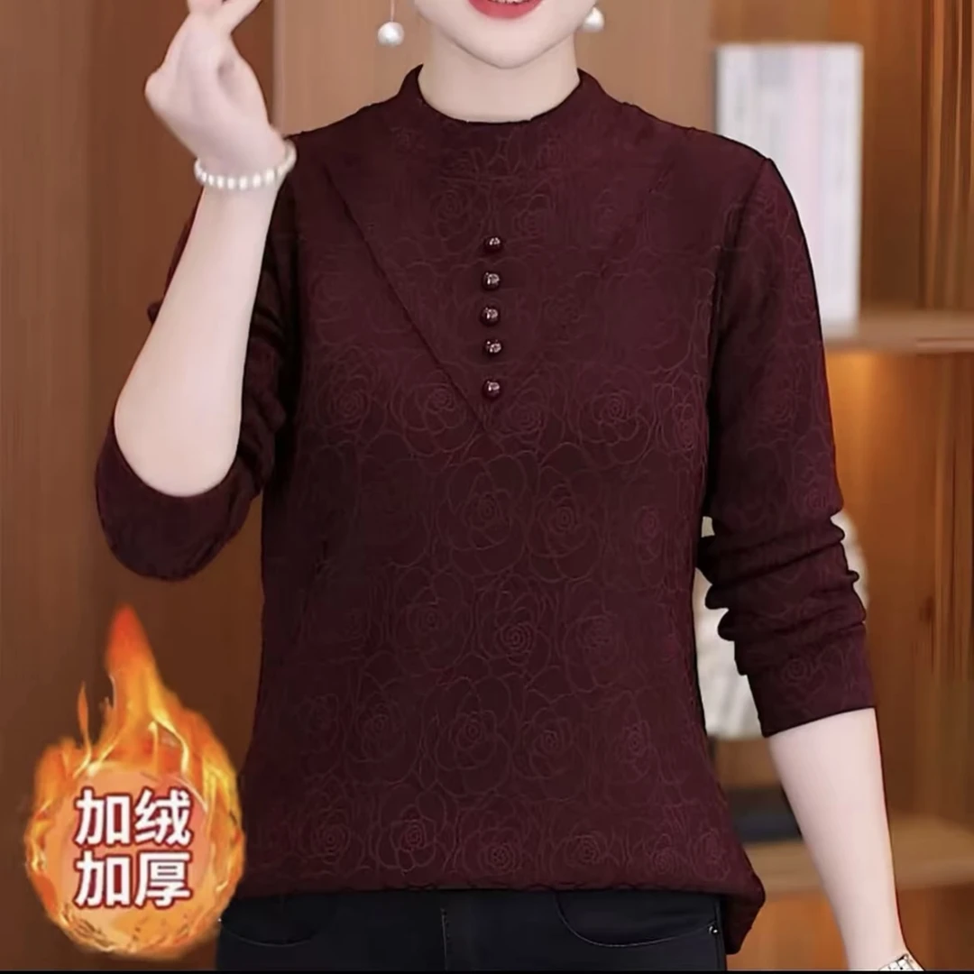 加绒加厚提花工艺妈妈装冬季保暖小衫