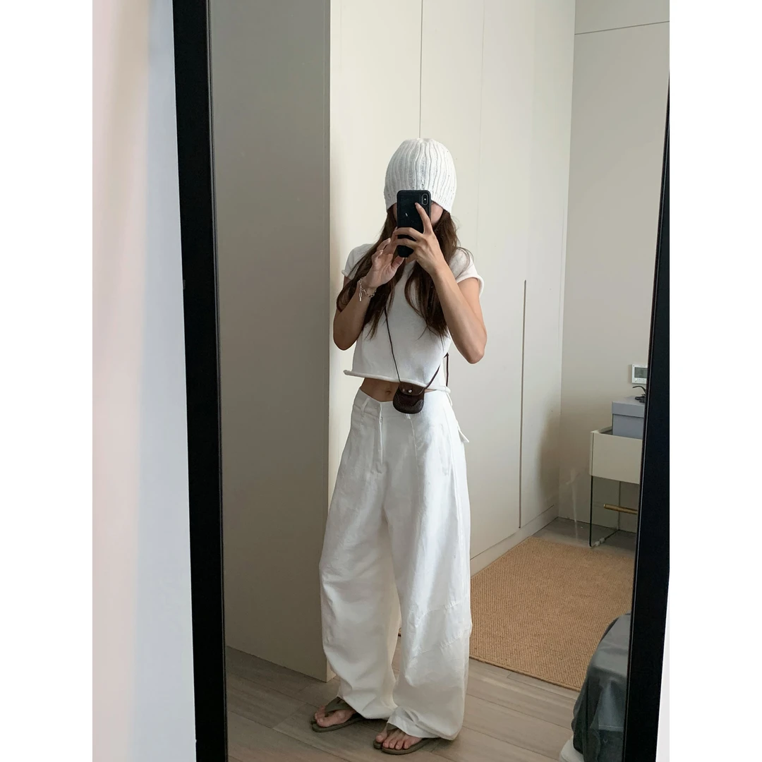 美式复古白色弯刀裤女秋季新款街头辣妹廓形显瘦宽松阔腿拖地长裤