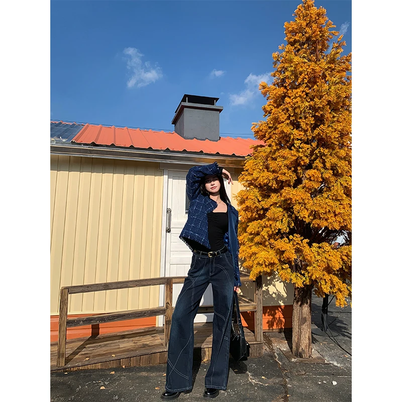 六指导 时髦公式 美式复古直筒牛仔裤女新款设计感显瘦通勤阔腿裤