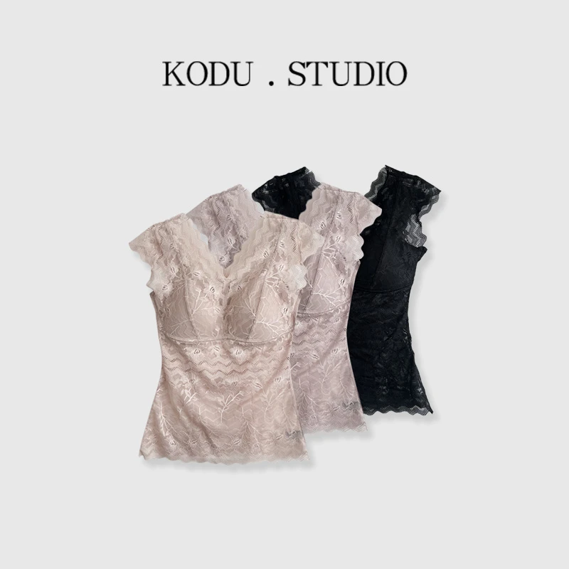 【刻度KODU】FZ-5114春夏季新款百搭纯色V领蕾丝收腰弹力一体式背心