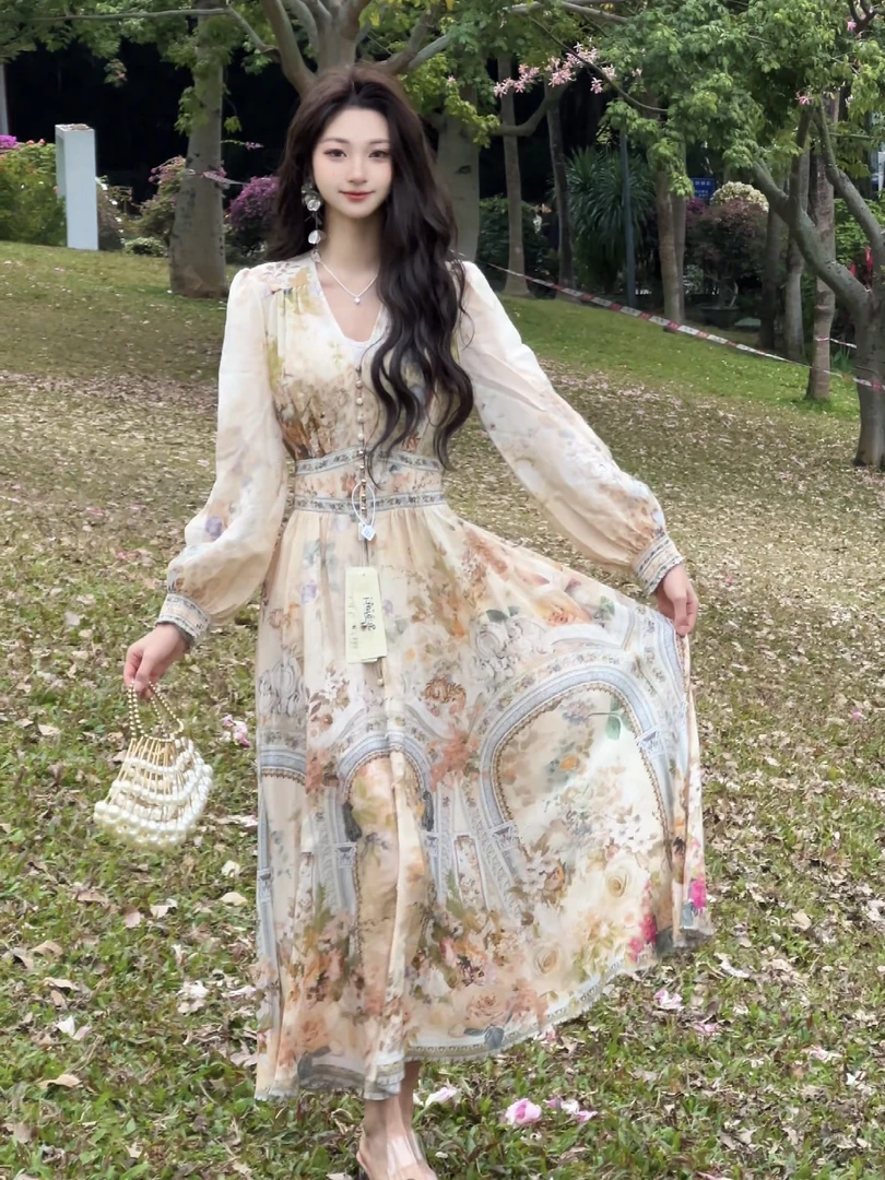 【Qian倩-金色华尔兹】重磅100%桑蚕丝连衣裙HF25001