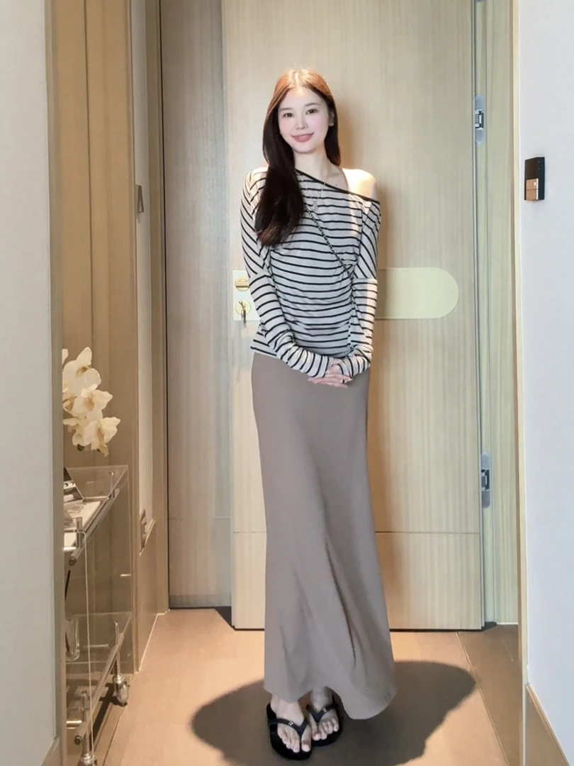 慵懒风斜肩条纹防晒长袖罩衫T恤2025夏季新款针织吊带长裙两件套
