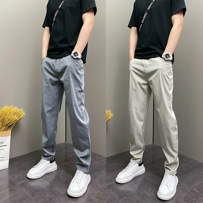 夏季薄款潮流DOEA青年男士修身垂感痞帅机能伞兵直筒纯色铅笔裤子