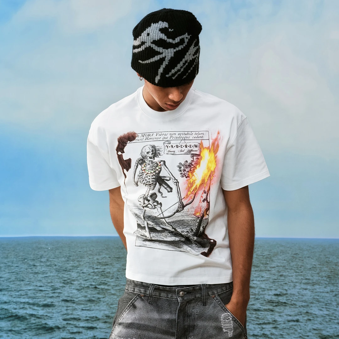 YADcrew亚德鲁 烈焰骷髅珍珠短袖美式街头潮流百搭休闲宽松T恤男