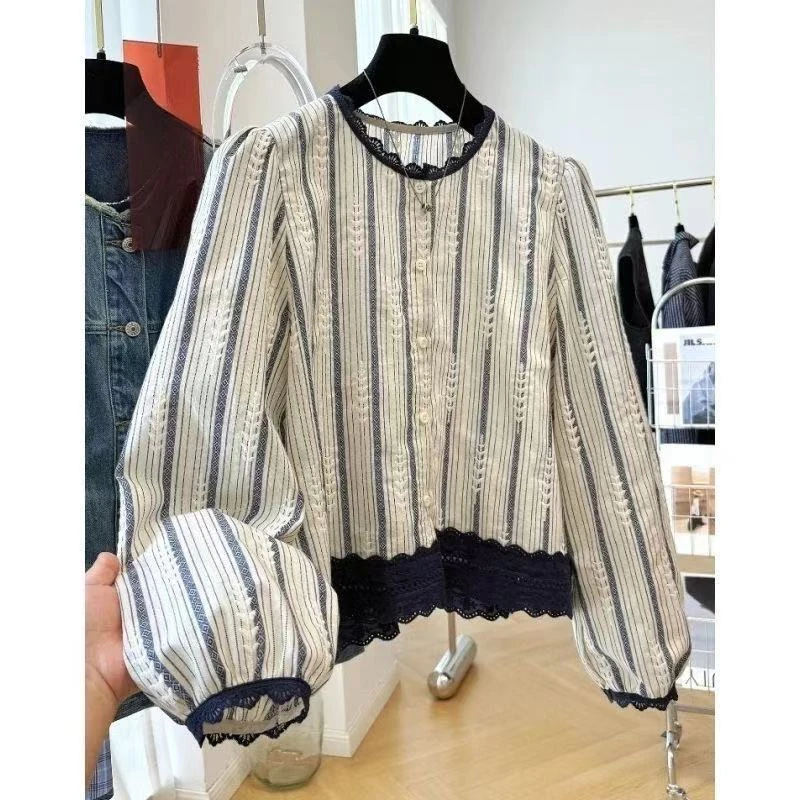 2025秋款女装巨好看短款小衫蕾丝花边长袖衬衫法式小资小上衣