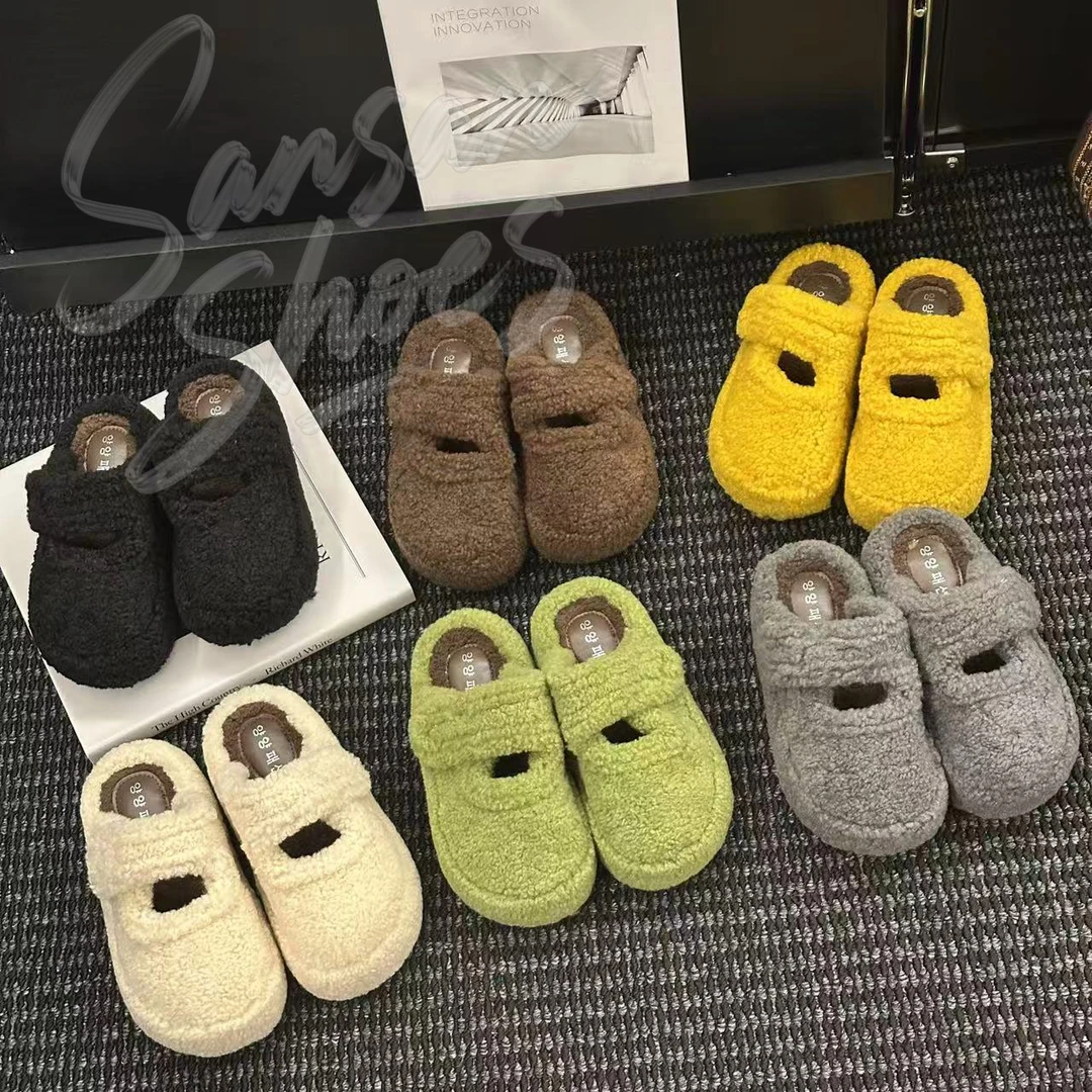 厚底增高6厘米日常百搭少女风极简风包头毛拖秋冬魔术贴毛毛拖鞋