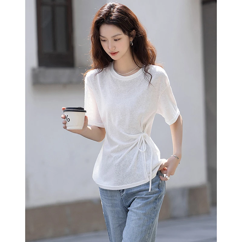 dme德·玛纳空气瘦瘦T夏季圆领云朵棉打底衫收腰系带藏肉t恤
