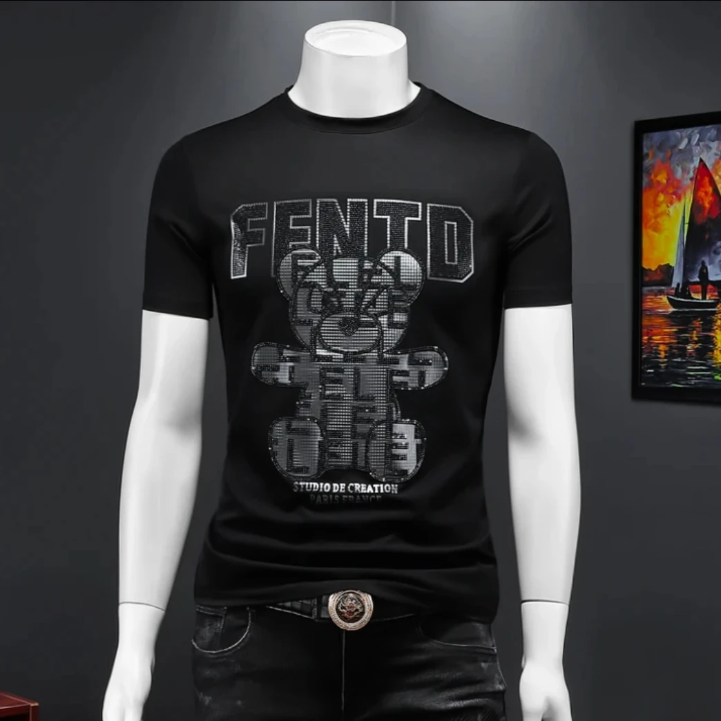 广州高档莱卡新款男士烫钻短袖t恤潮流休闲时尚潮牌轻奢半袖上衣