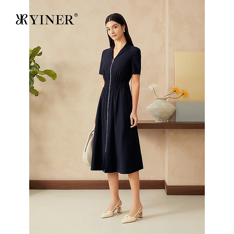 YINER音儿专选2025夏季新款法式四面弹复古小翻领气质收腰连衣裙