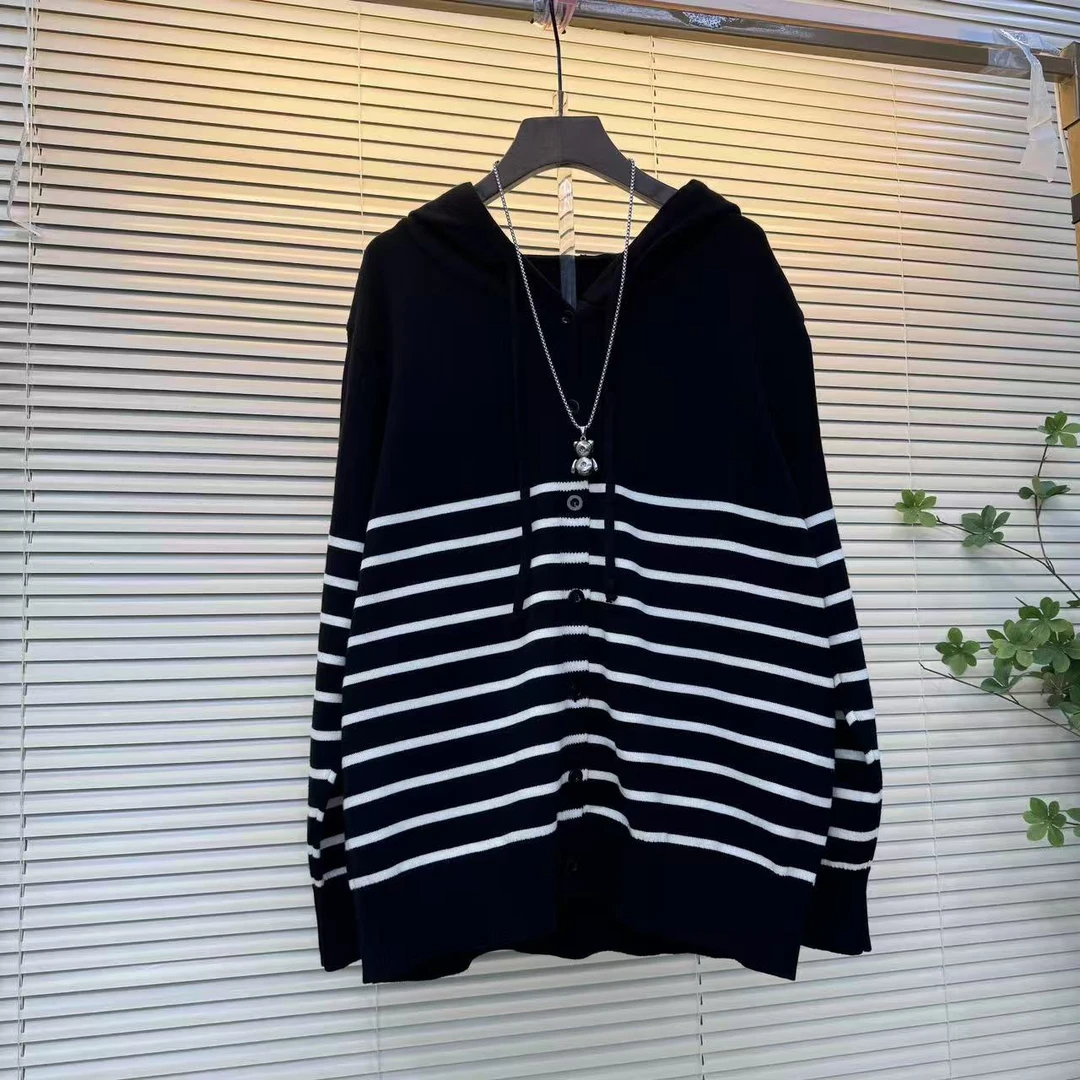 连帽长袖常规款针织条纹毛针织衫秋季拼接毛衣韩版大码胖mm黑色