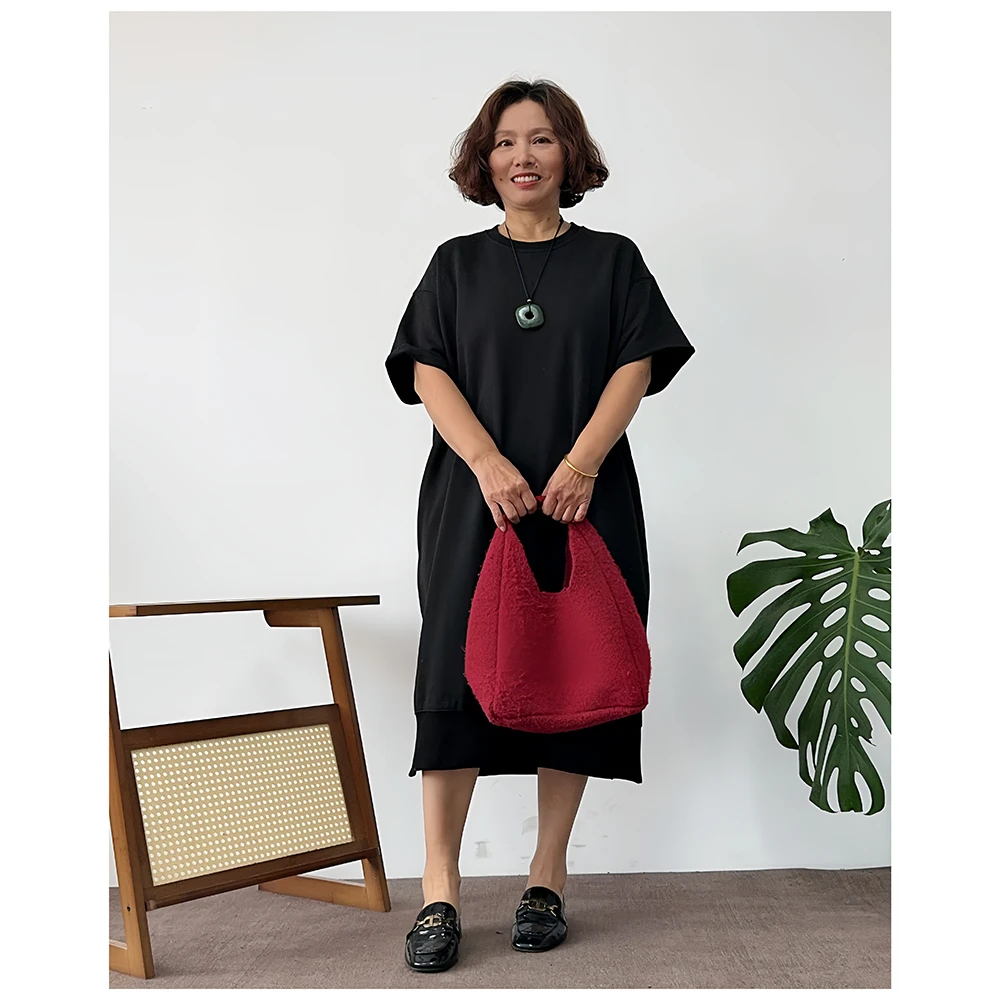 2Q005 春季新款女士休闲宽松中长款圆领短袖连衣裙