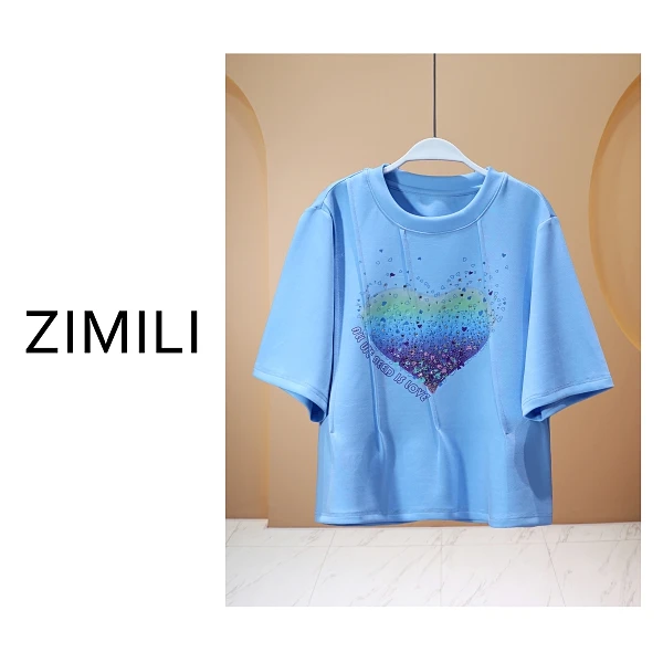 【亮哥女装】2025欧版《碎冰》蓝色爱心烫钻高克重气质短袖8078-C4
