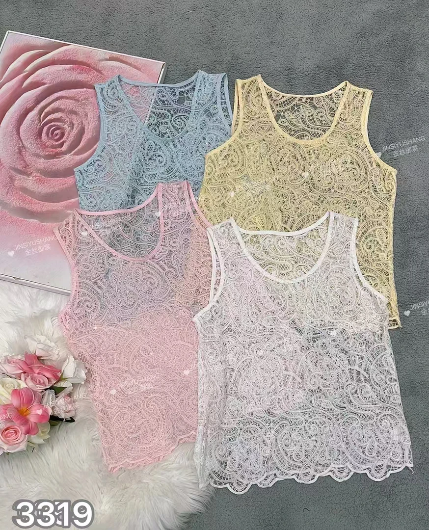 夏季设计感镂空蕾丝刺绣烫钻背心