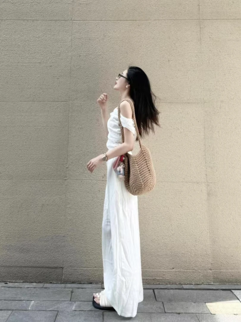 2025春夏新款法式气质高级肩短袖上衣高级百搭高腰显瘦阔腿裤套装