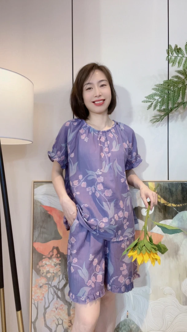 『紫铃兰』短袖短裤双层纯棉纱布高档提花LZ2688/2665
