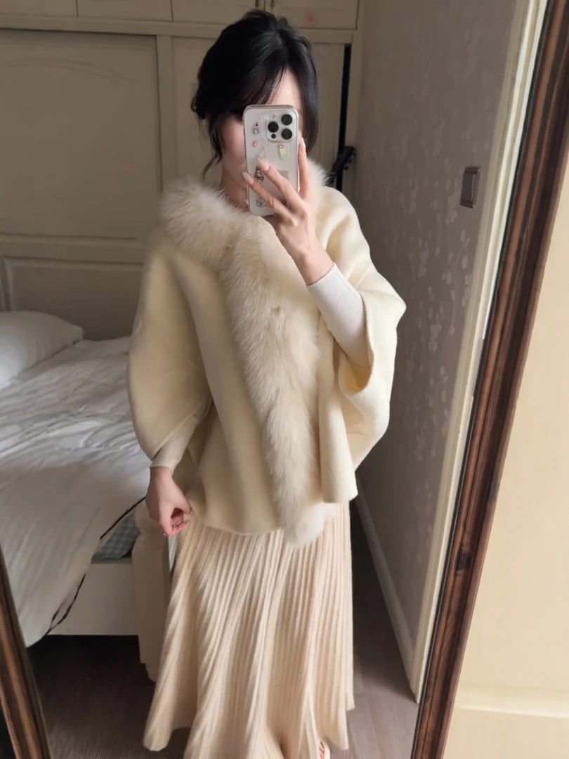 Y12396微胖名媛千金风毛领斗篷披肩上衣女秋冬显瘦垂感半身裙套装