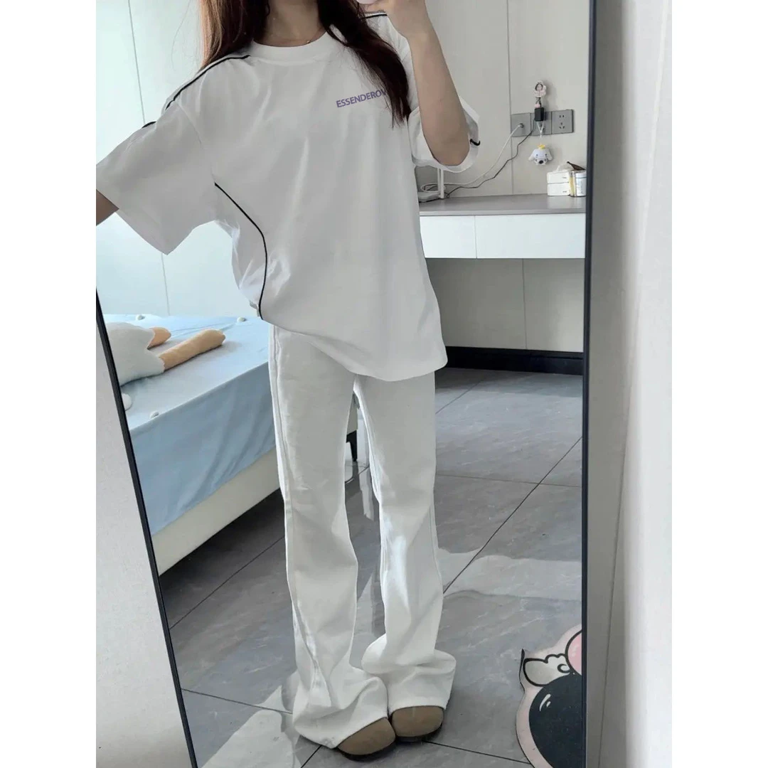 100%纯棉美式复古字母印花反光条设计短袖t恤男女宽松百搭上衣夏