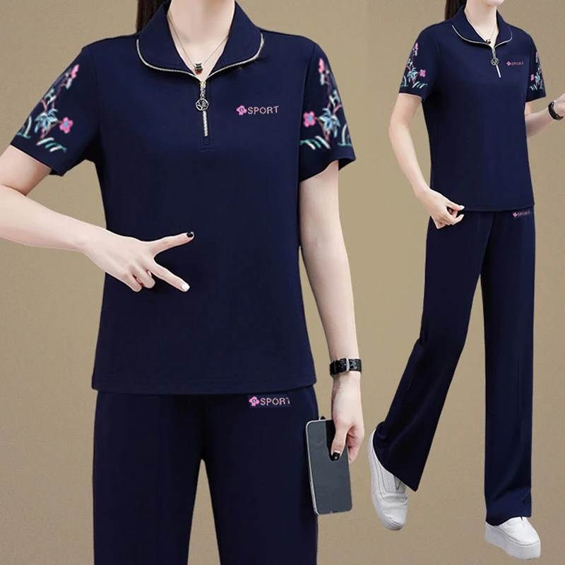 爆款正品运动套装夏季2025新款时尚妈妈宽松休闲翻领短袖两件套女