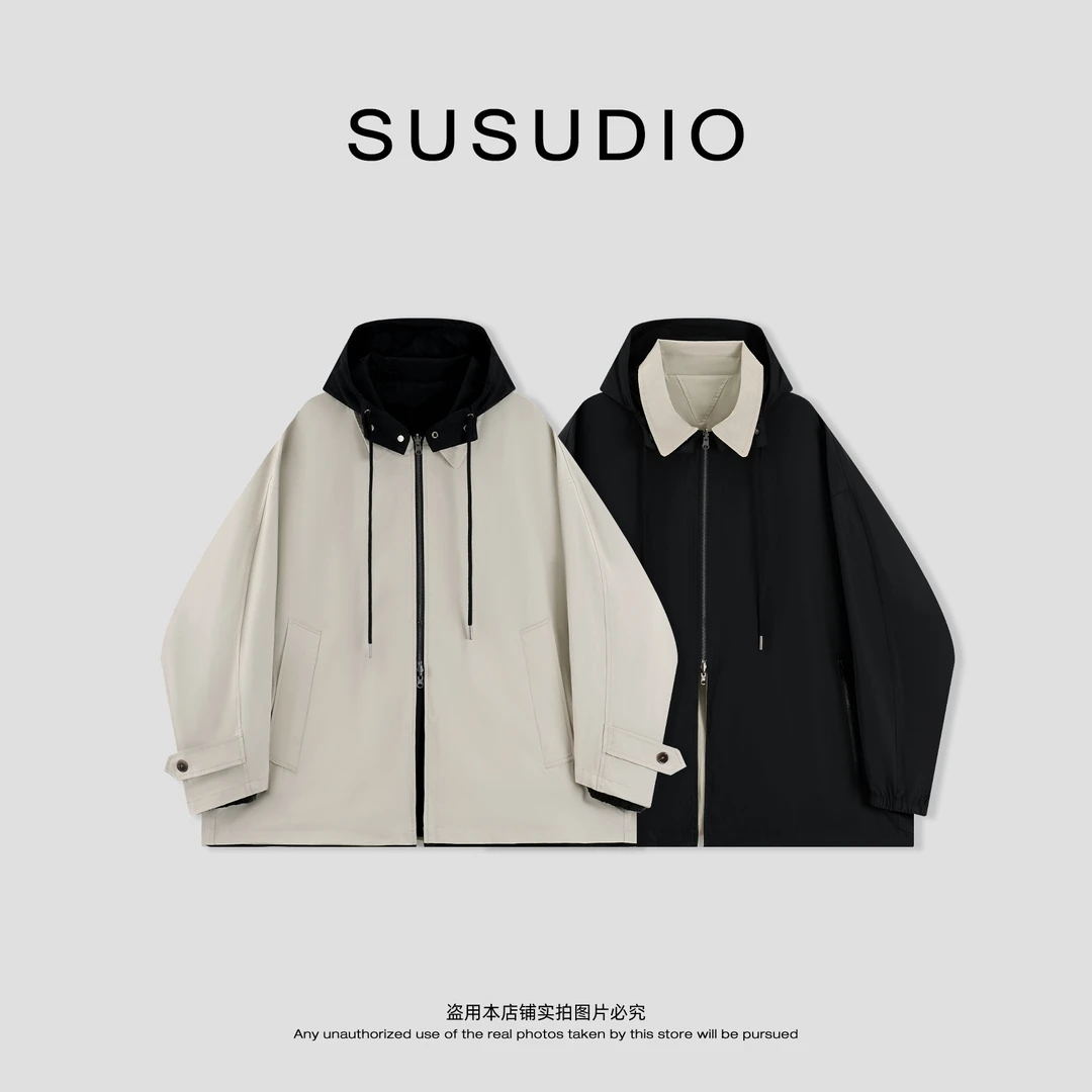 SUSUDIO 早秋撞色拉链门襟连帽派克服风衣外套（两面穿）70261