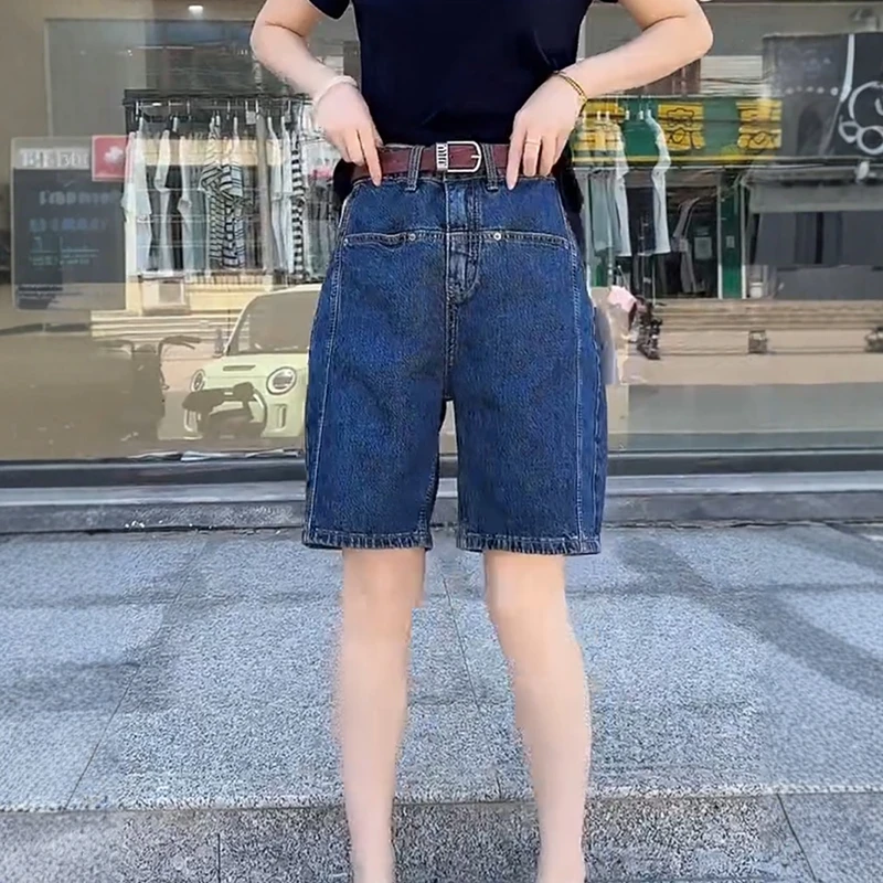 2025夏季新款阔腿牛仔短裤大码女装高腰弹力显瘦百搭直筒五分中裤