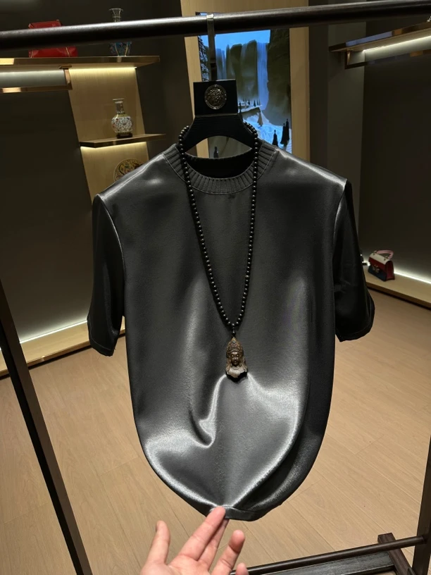 【哑光醋酸】春夏季醋酸短袖T恤男士新中式圆领轻奢简约亮面上衣