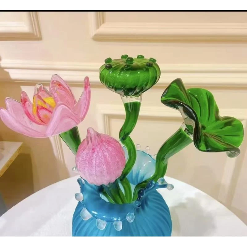 淄博纯手工琉璃四支夜光荷花“好运连连”幸福快乐，送礼家居摆件