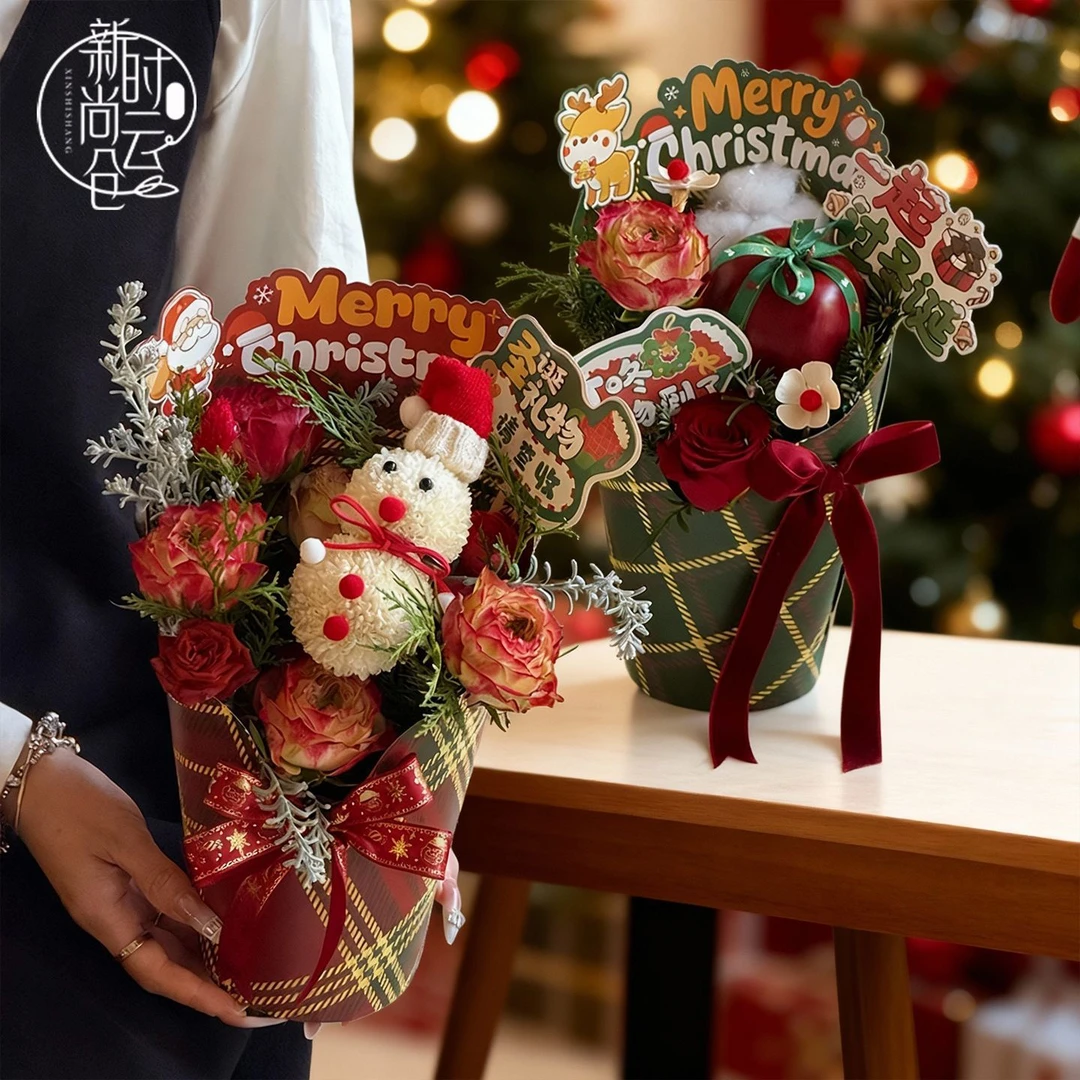 圣诞节快乐手提圆形花盒定型桶平安夜苹果diy插花盒花艺包装盒