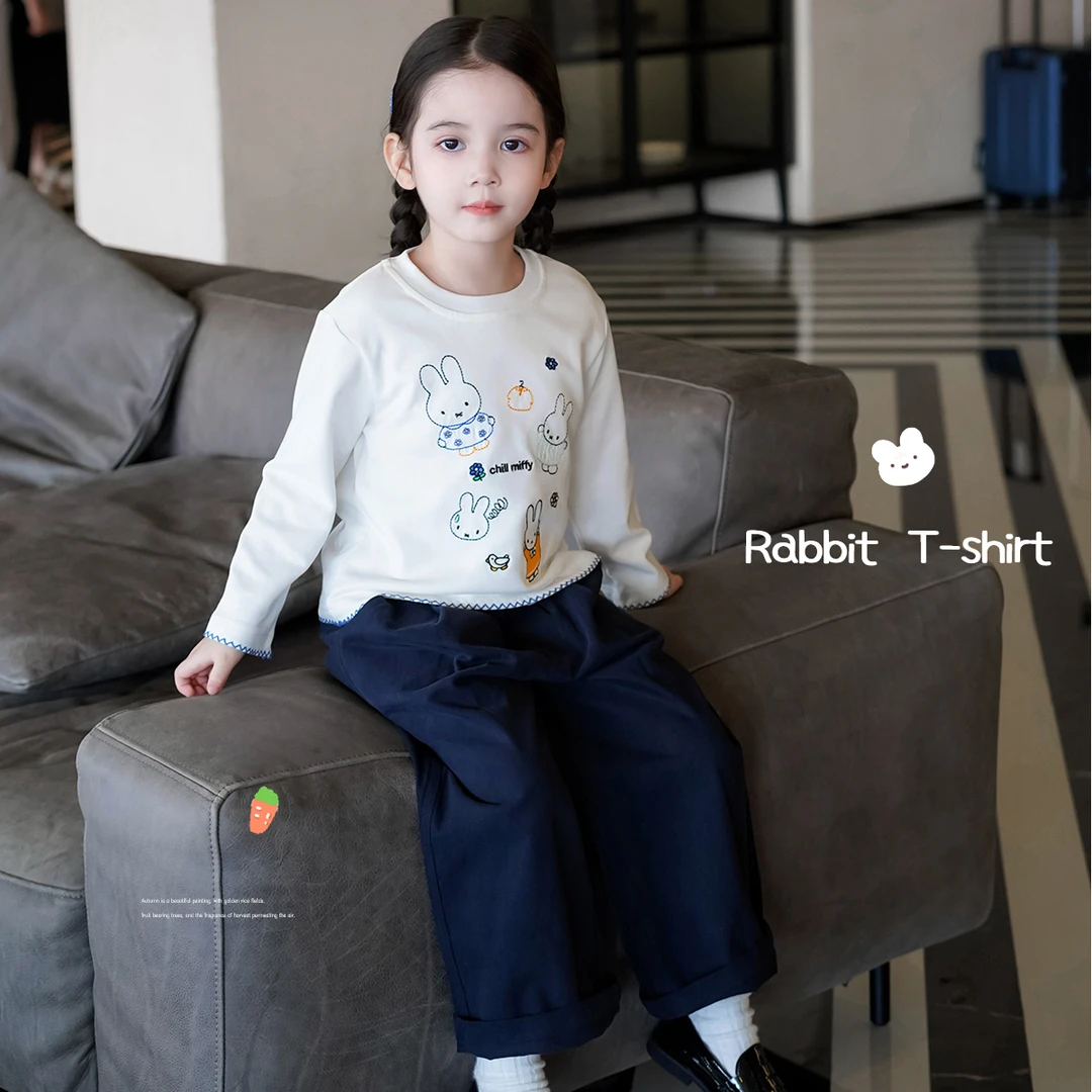 AnnieGirl秋季新款纯棉舒适卡通可爱米菲长袖T恤直筒裤套装2025