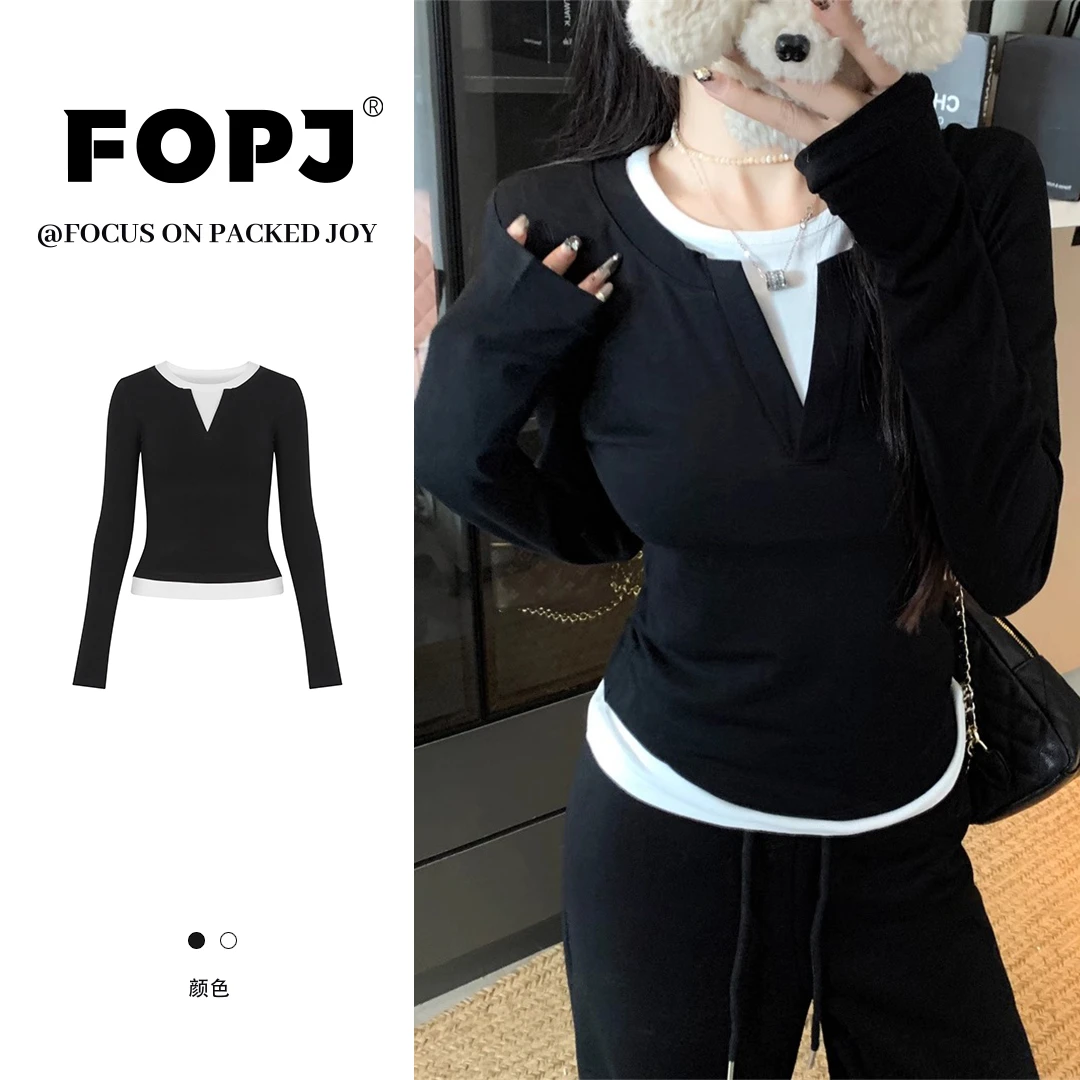 FOPJ假两件修身设计感正肩T恤女春季新款撞色长袖打底衫内搭上衣