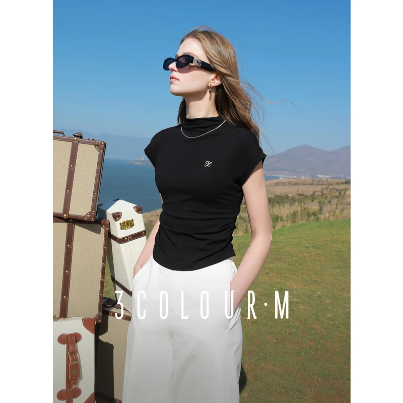 三彩2025夏季新款修身立领短袖T恤绣花抽褶收腰简约套头衫气质女M