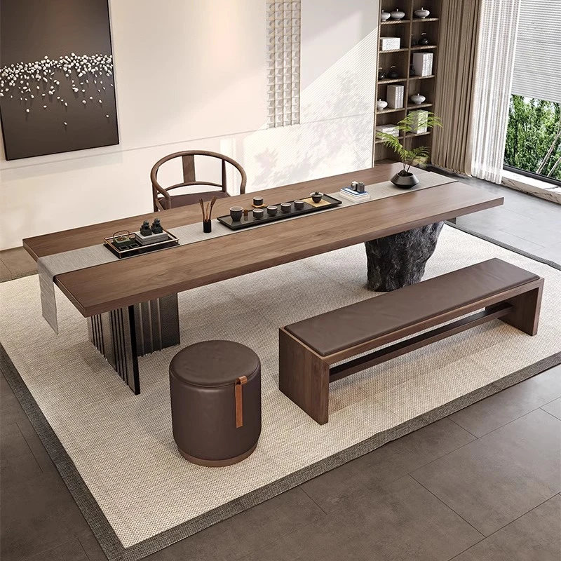 侘寂风原木大板茶桌椅组合仿真石头家用茶台亚克力渐变酒店泡茶桌