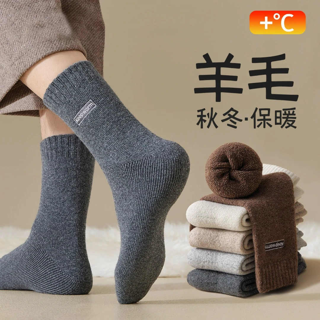 加厚羊毛袜子男士秋冬款刺绣抗寒保暖中筒袜冬季厚袜超厚长筒毛圈