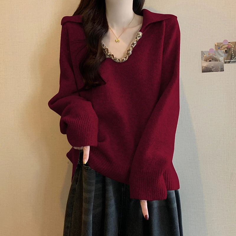 2025新款红色毛衣女秋季宽松慵懒风法式重工小众翻领针织上衣大码