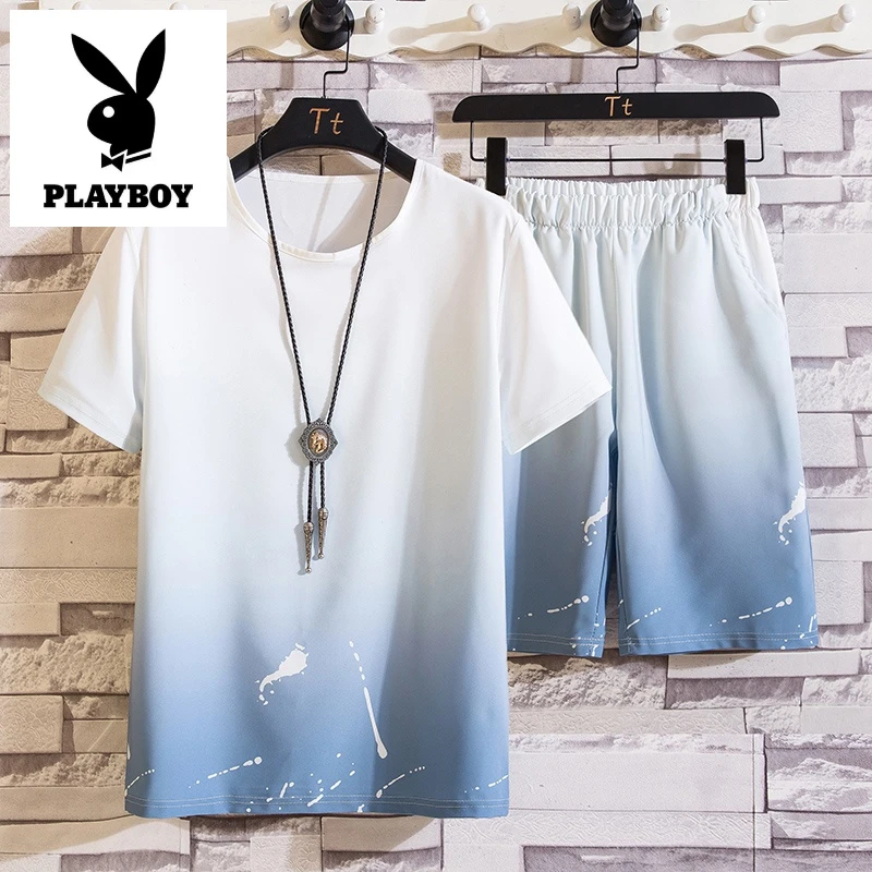 花花公子渐变套装冰丝透气套装夏季休闲时尚运动短袖五分裤两件套